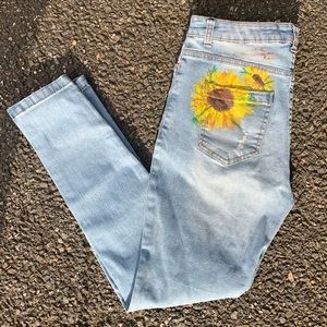 handmade sunflower painted jeans
